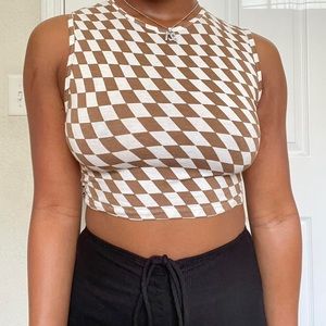 ‘Gimon Crop Top in Diagonal Checker Tan and Ivory’ Motel Rocks